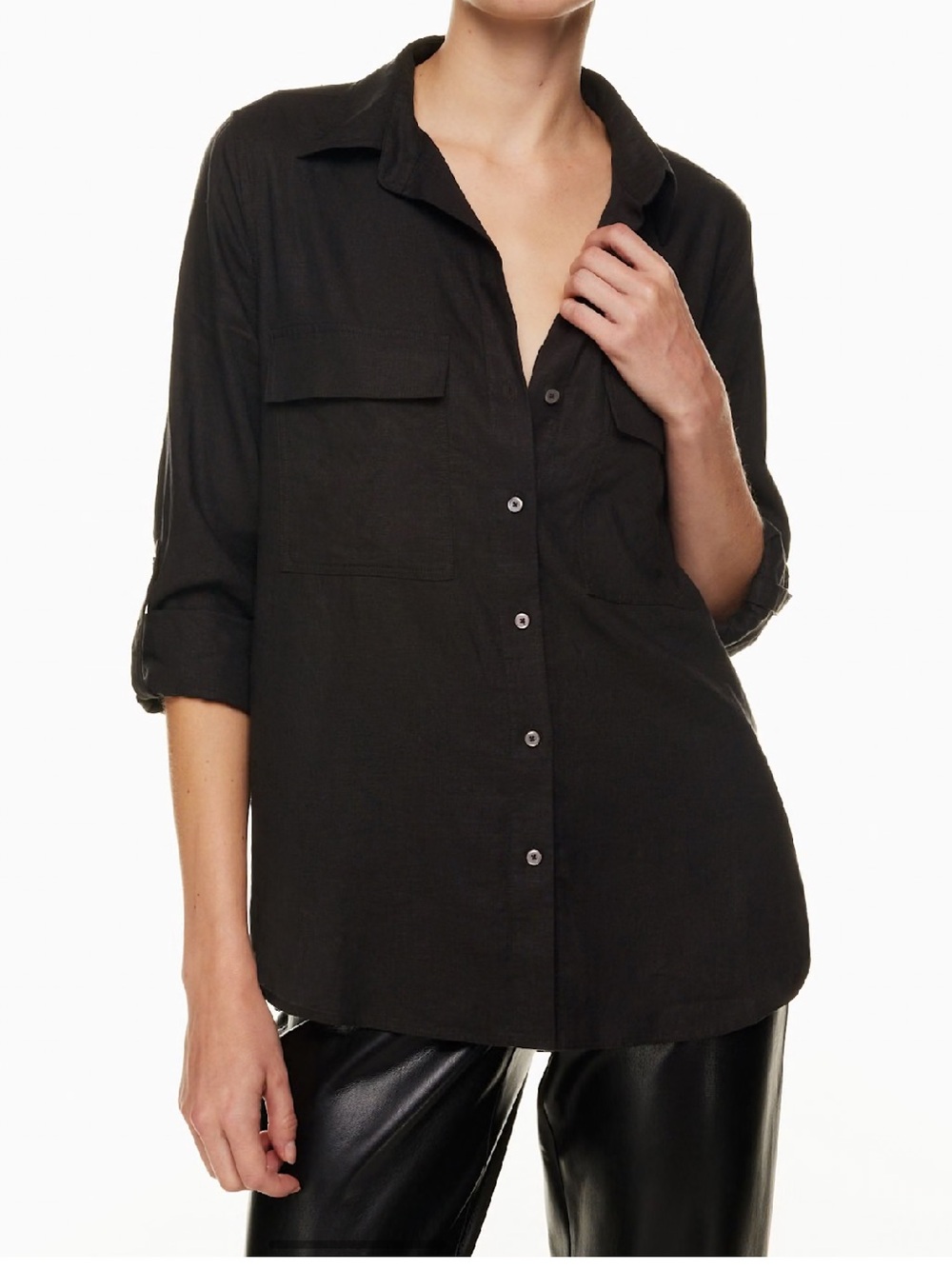 NEW Aritzia Babaton Utility Linen Shirt Black Linen Small Long Sleeve Roll Tab